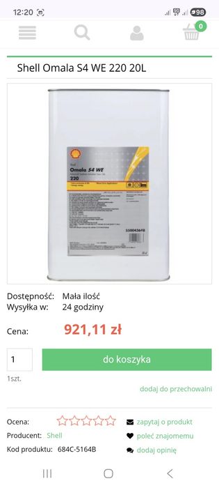 Olej przekładniowy Shell Omala S4 WE 220