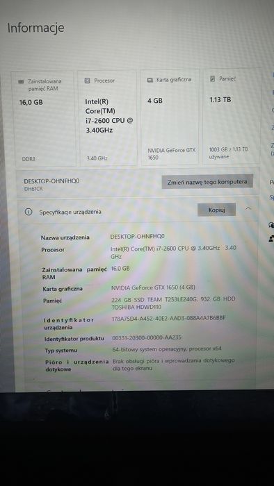 Komputer gamingowy Core i7 Gf GTX 1650 4GB 16 GB Ram SSD HDD