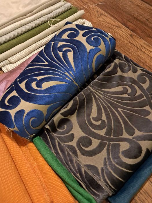 Materiały tapicerskie, końcówki materiałów, duże kawałki, ponad 9 kg