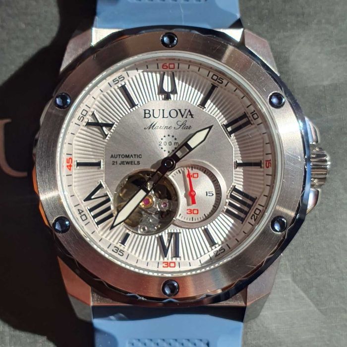 Piękny męski zegarek automatyczny open heart Bulova Marine Star 98A225 jak nowy!