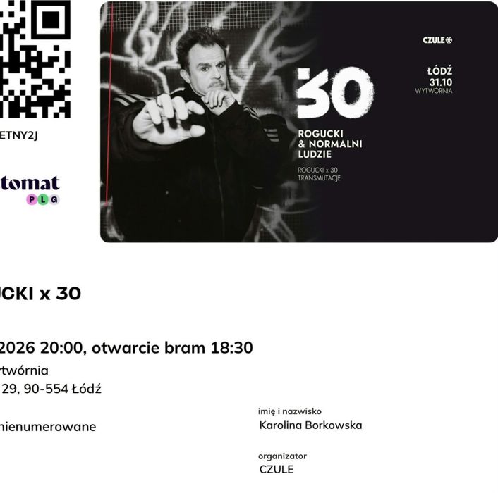 Sprzedam 2 bilety na koncert: Piotr Rogucki i Normalni Ludzi
Dnia 31.10 w Łodzi