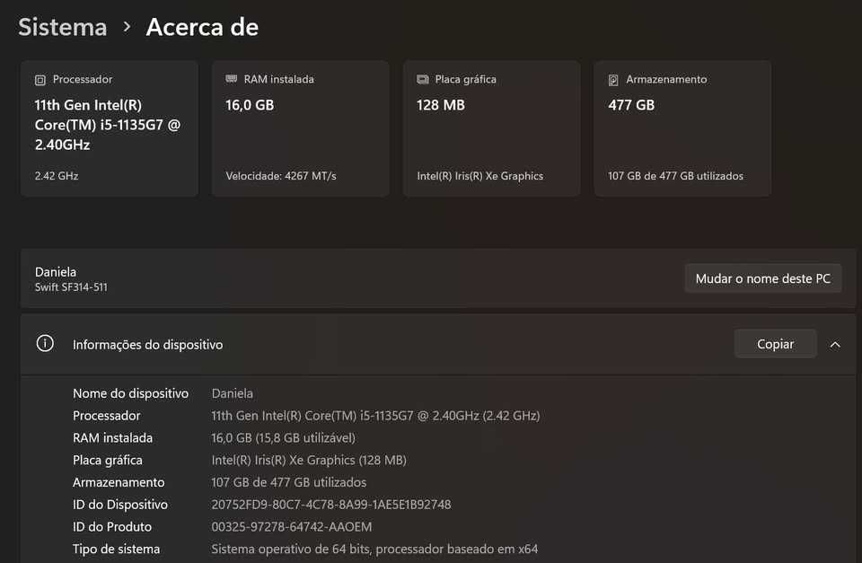 Acer Swift 3 14" | Intel i5 11a Gen | 16 GB RAM | 512 GB SSD