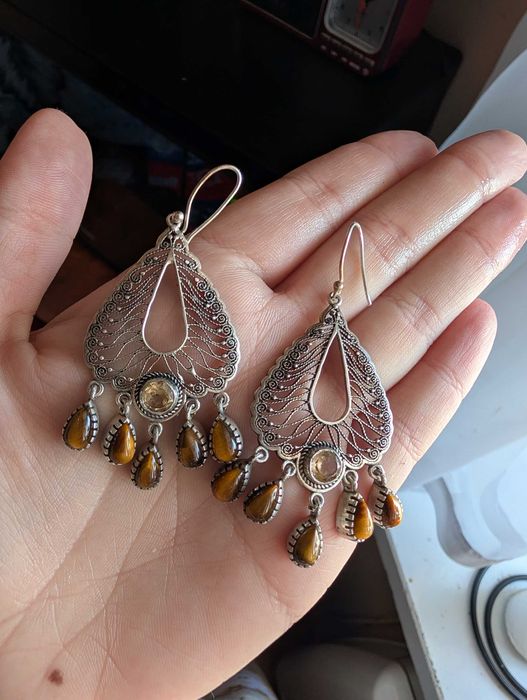 Srebrne kolczyki 925 z cytrynem i tygrysim okiem – duże, ażurowe