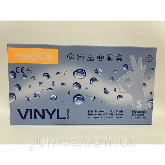 Рукавички вінілові неопудренні Медиок S/M/L/XL (100 шт/уп) прозорі