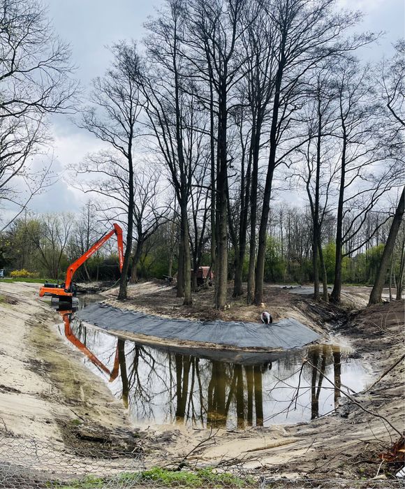 Kopanie stawu, koparka Long, długie ramie, roboty ziemne, staw, wykopy