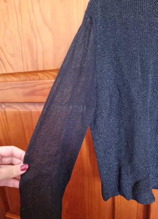 Camisola preta curta com brilhantes e transparência Zara Knit, tam S