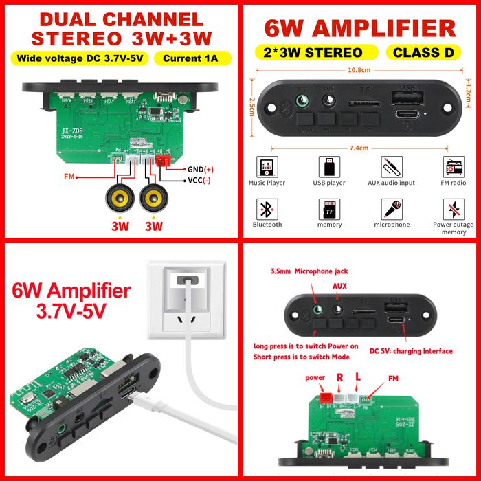 MP3 модуль. Bluetooth, FM, AUX, підсилювач 2×6w. USB, micro CD.