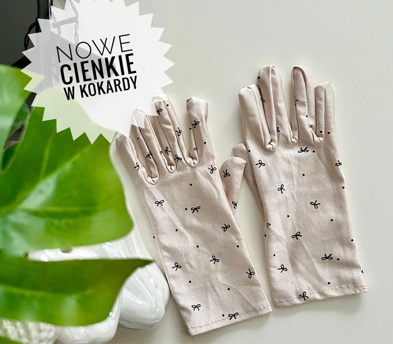Nowe cienkie beżowe rękawiczki w kokardy