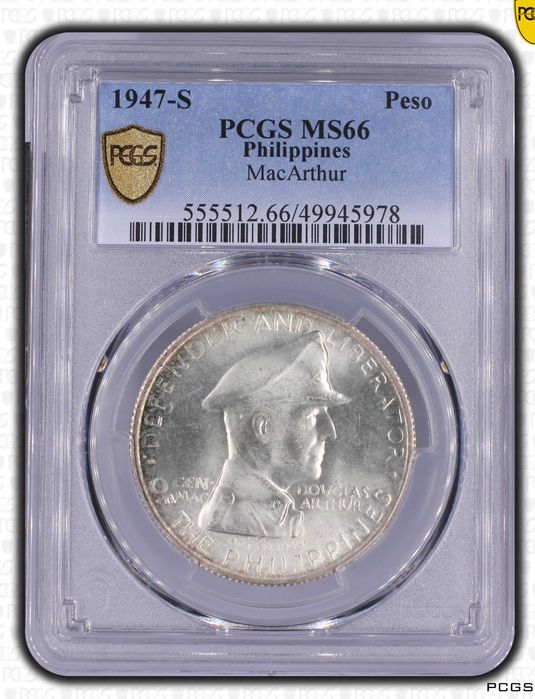 Moeda Prata 1947 Filipinas / USA Peso  PCGS MS66