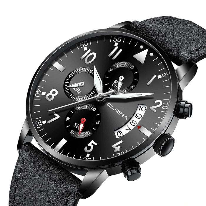 Rewelacyjny Sportowy Zegarek Męski Cuena Black Leather