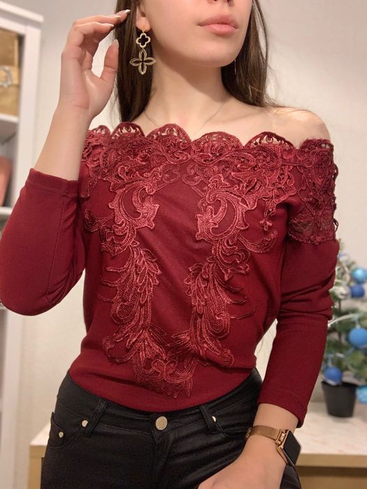 Elegancka bluzka gipiura koronka francuska bordowa S/M
