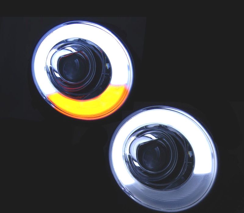 FARÓIS FRONTAIS PARA MINI COOPER R56 R57 06-10 TUBE LIGHT + PISCAS LED FUNDO PRETO