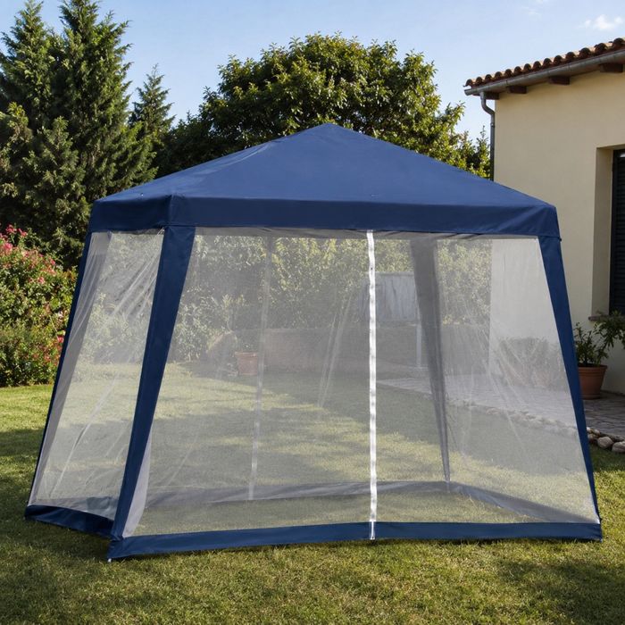 Outsunny Tenda de Jardim Campismo 3x3m Tenda com 4 Partes Laterais Rede Mosquiteira com Zíper Proteção UV para Patio Azul