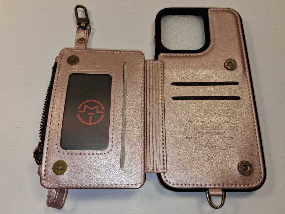 E159 Etui Portfel Caselle iPhone 14 Pro Max Rose Gold Z Paskiem
