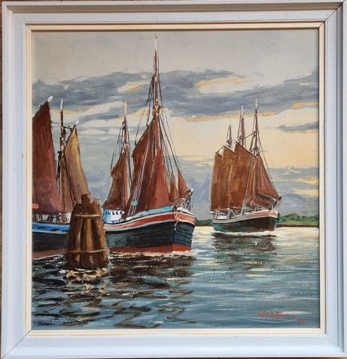 Łodzie w porcie, miniatura, Wilhelm Hoffmann ur. 1897 - zm. 1986