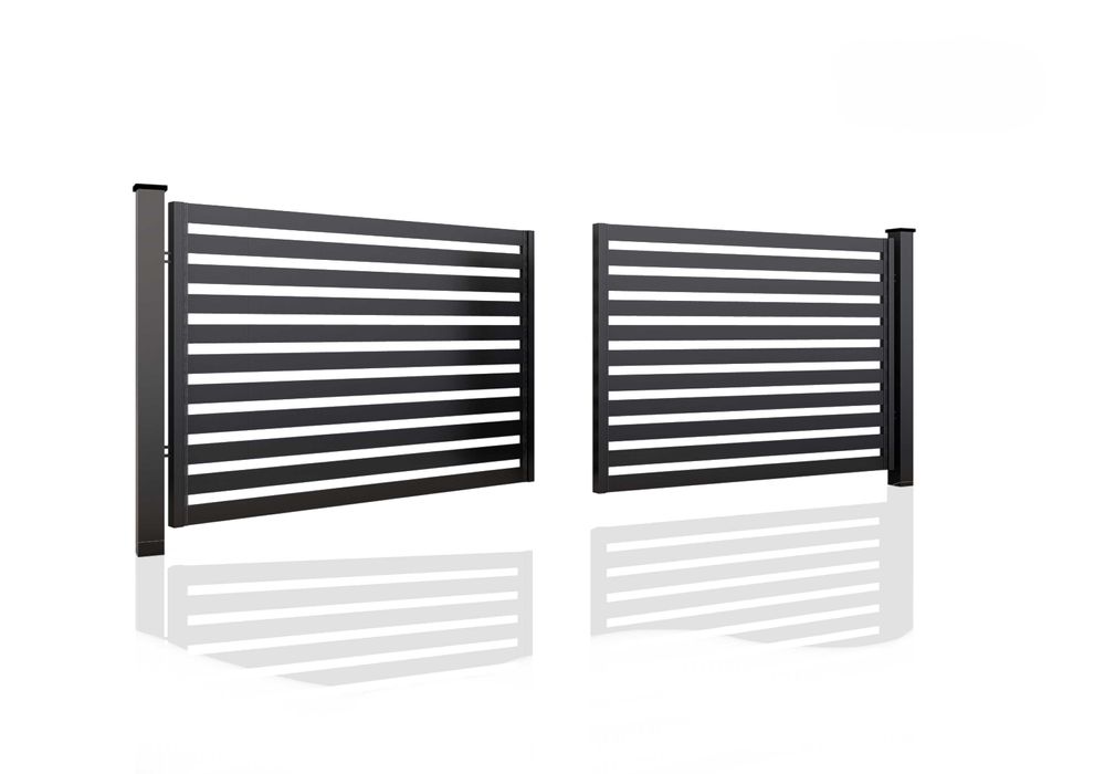 Brama palisadowa dwuskrzydłowa, ogrodzenia palisadowe i panelowe