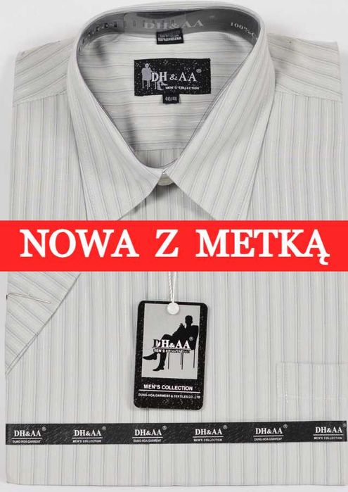 Koszula męska szara w paski na krótki rękaw kołnierzyk 40/41