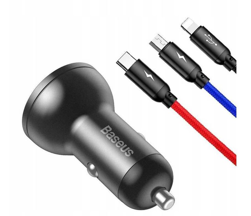 Ładowarka samochodowa 4.8A + kabel 3w1 1,2m