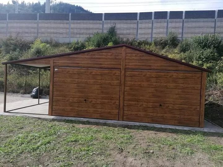 Garaż dwustanowiskowy 6x5 m wiata 1 m - Dach dwuspadowy, Brama uchylna