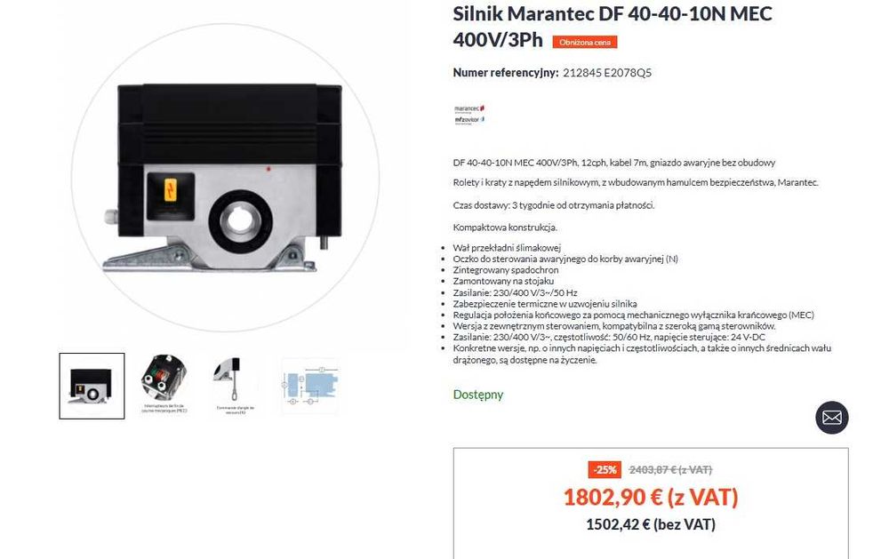 Napęd do bramy rolowanej Silnik Marantec DF 40-40-10N MEC 400V/3Ph nowy ponad 6000zl