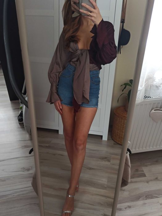 Bluzka damska koszula baskinka brąz falbany wiązanie xs
