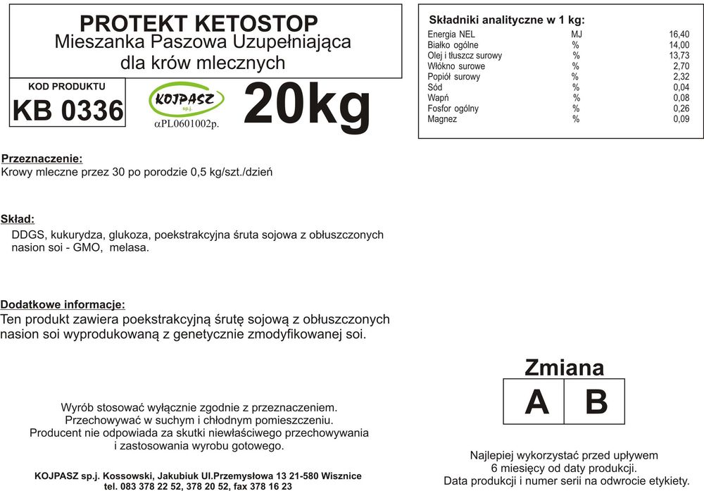 Środek NA KETOZĘ dla krów mlecznych PROTEKT KETOSTOP - 20KG KOJPASZ