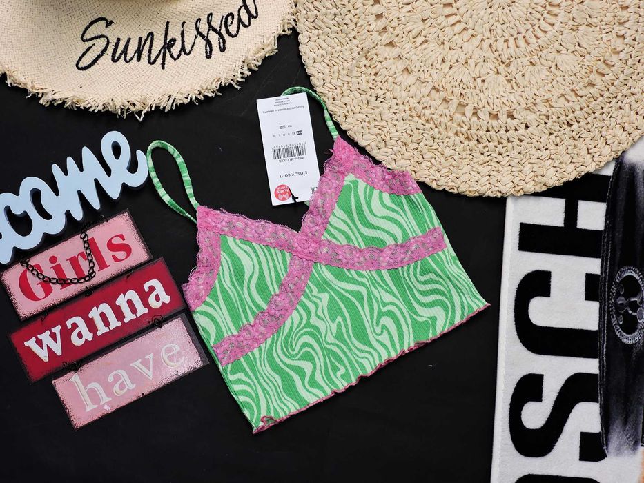 Sinsay Nowy crop top bawełna prążek koronka xxs