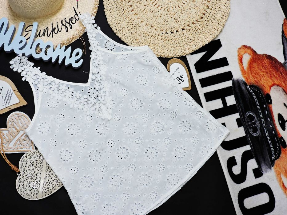 Shein  biały top ażur boho angielski hafty tył serek 40/42