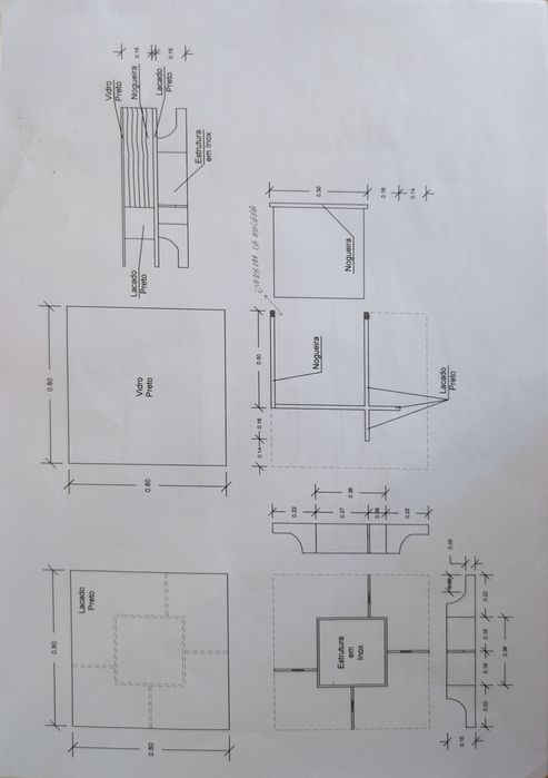 Mesa de centro moderna lacada a preto 80x80cm com gavetas em nogueira maciça e tampo vidro 10mm