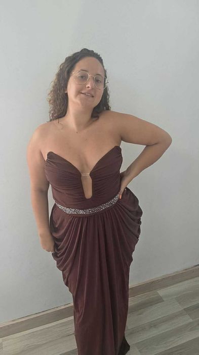 Vestido Comprido Cerimónia Castanho | Lumalex | Cai cai | Cintura com brilhos | Novo | Tamanho L