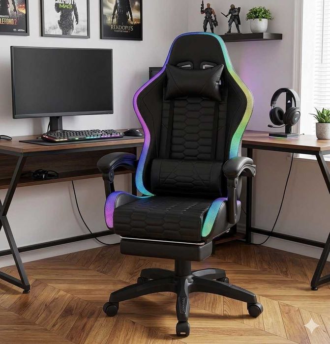 Fotel Gamingowy Dla Gracza Kubełkowy z Podnóżkiem Masaż LED Krzesło Biurowe
