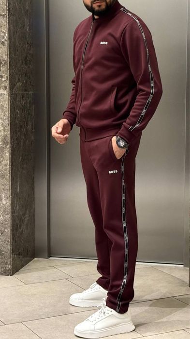 HUGO BOSS мужской спортивный костюм брендовый бордовый с лампасами