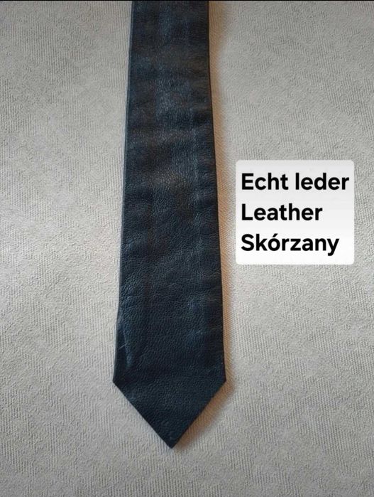 Skórzany krawat pasek leather 100% skóra naturalna wąski śledź granat