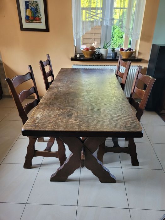 Stół drewniany dębowy ryflowany, 180 cm x 87, 4 krzesła