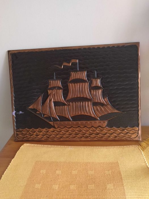 Żaglowiec, statek, obraz wypukły w miedzi, unikatowy 36x26