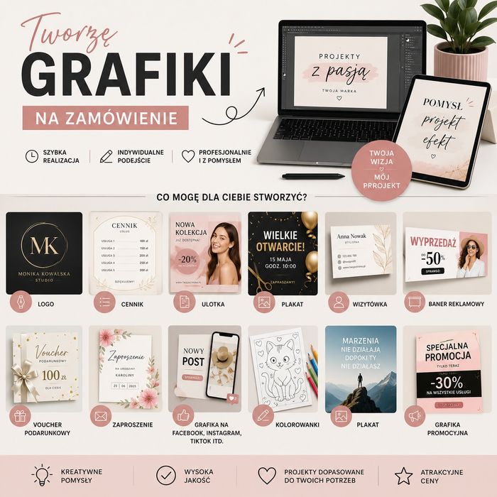 Tworzenie grafik reklamowych, cennik, logo, voucher, zaproszenie itp