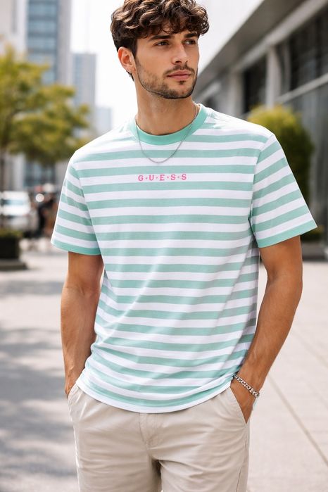 T-shirt męski bawełniany w paski haft logo Guess S/M