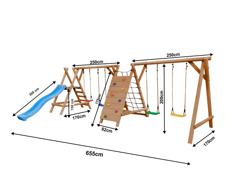 Drewniany Plac Zabaw do Ogrodu JUMBO-SMERF 4Huśtawki ŚlizgDUŻA Ścianka