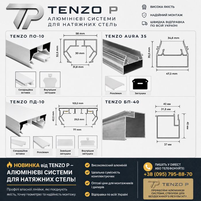 Натяжні стелі. Алюмінієвий профіль  TENZO