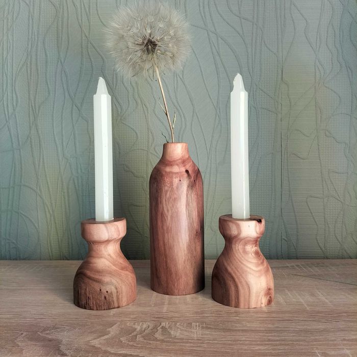 Ваза для сухоцвітів з дерева + 2 підсвічника