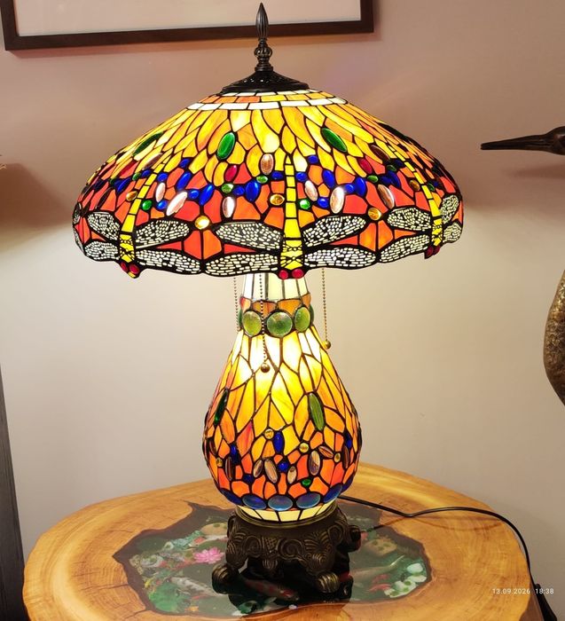 Duża Lampa witrażowa ważka zielona
