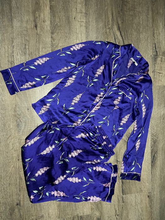 Атласна синя піжама М комплект сорочка-штани для дому