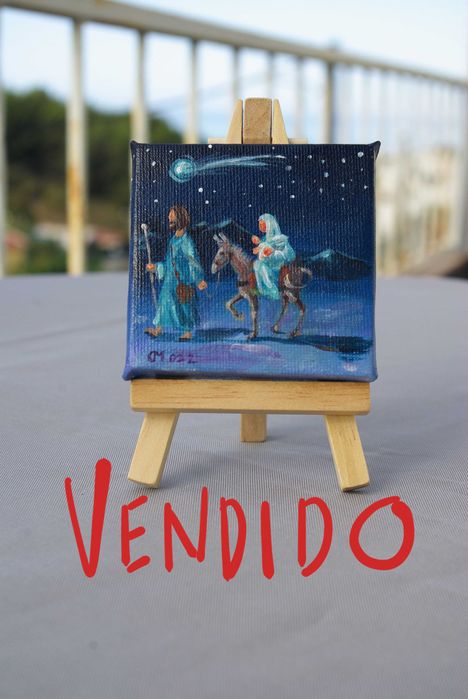 Presépio miniatura pintado a acrílico sobre tela com cavalete incluído