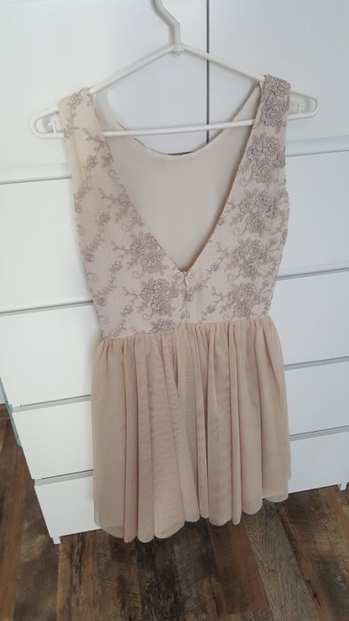 Sukienka jasna wesele bal beżowa tiul koronka S