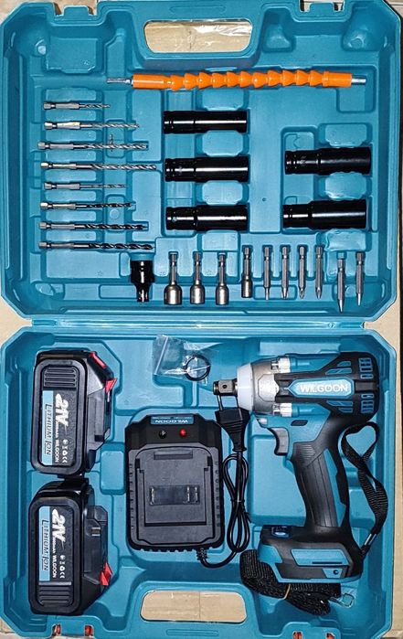 Chave de Impacto Sem Fios + 2 Baterias + Soquetes e Bits + Mala