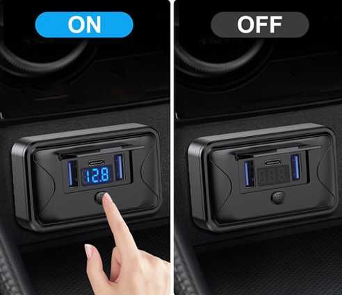 Накладная зарядка в авто, 2 USB + PD Type-C + Вольтметр, 12-24В QC 3.0