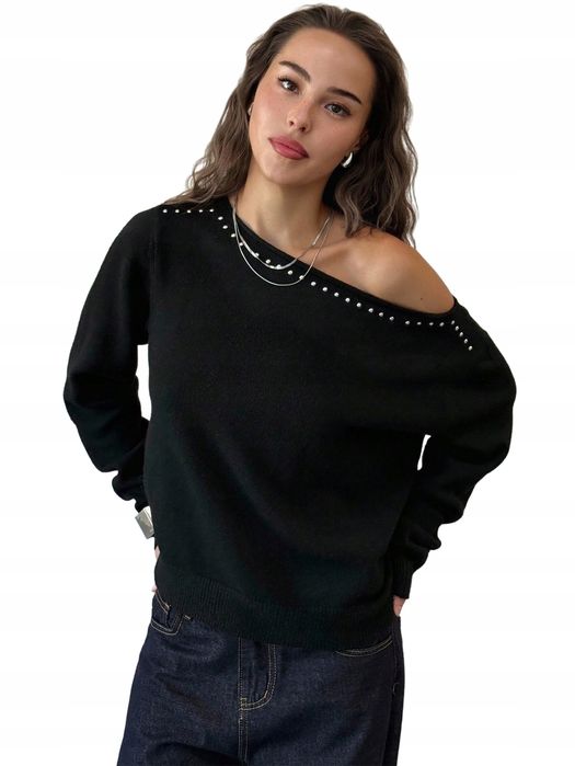 Shein czarny sweter odkryte ramię luźny klasyczny bawełna s 11la