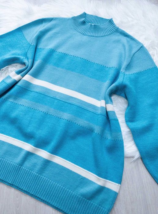 sweter, rozm. XL. paski, vintage, premium, wełna merino, półgolf