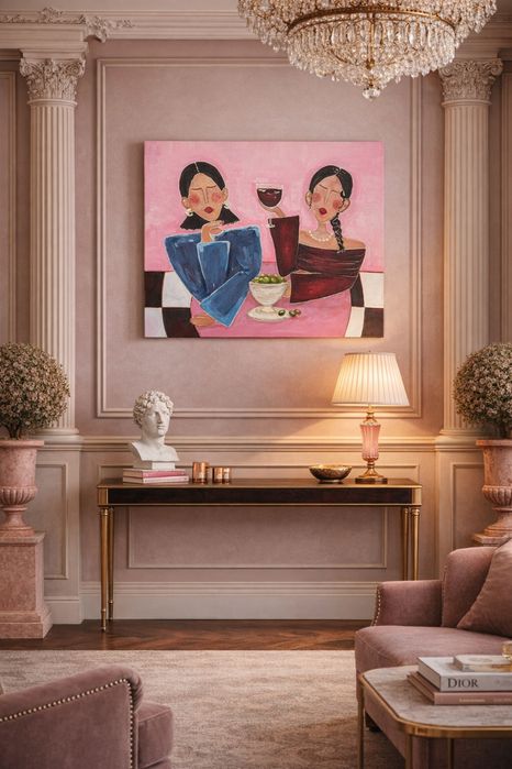 Картина акрилом - «Подруги за бокалом вина»