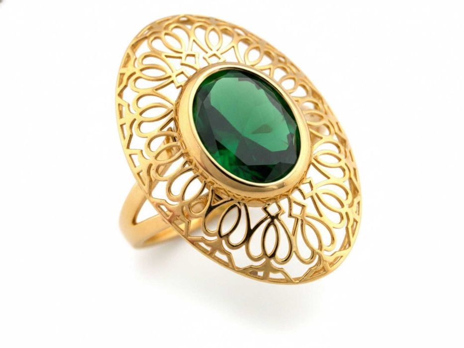 Duży złoty pierścień zielony kamień w ażurowej oprawie PR 585